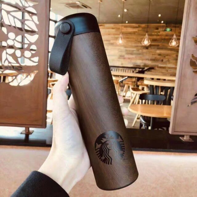 Starbucks Black Wooden Stainless Steel Bottle with Strap | 473Ml