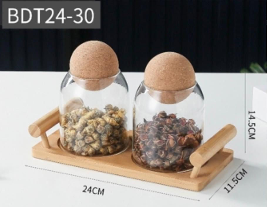 Aesthetic Glass Storage Canisters (2-Piece Set) - Wood Display Base & Sphere Cork Lids
