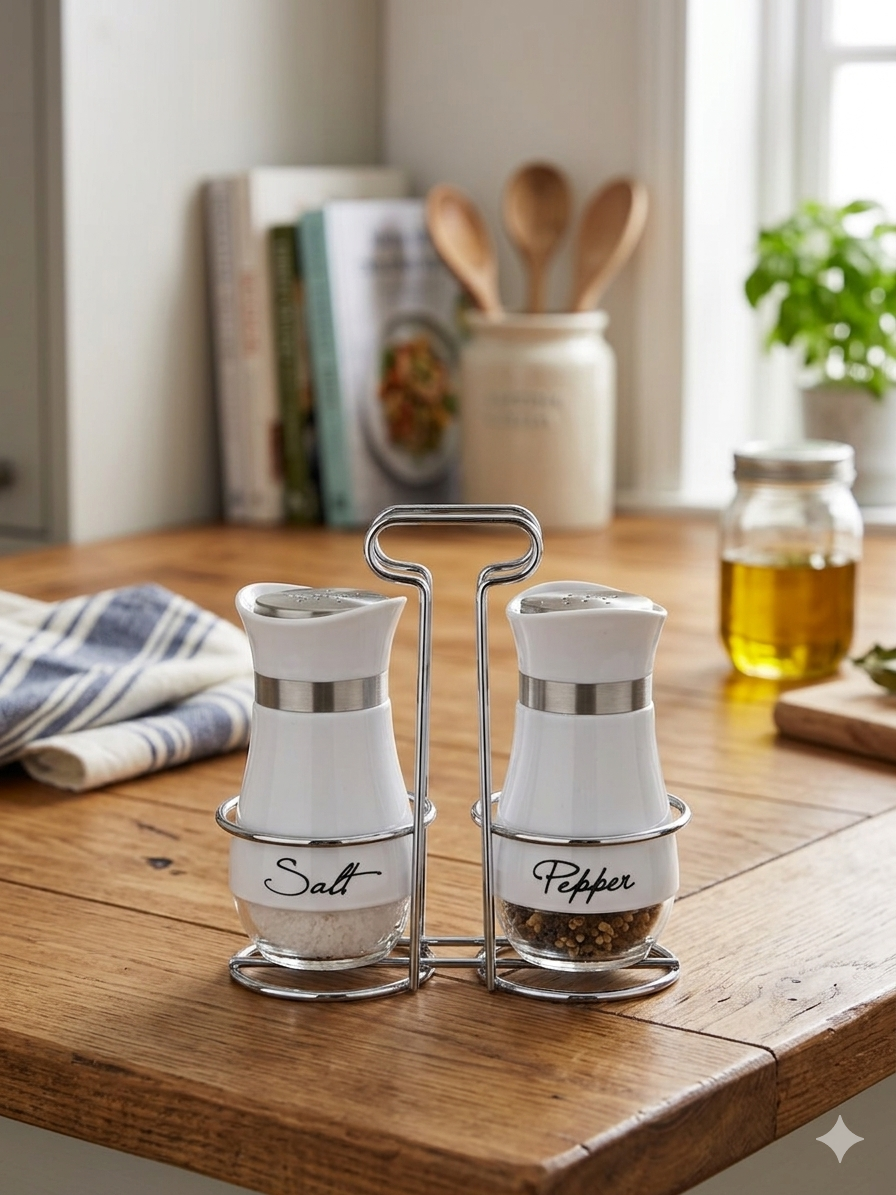 Premium Salt & Pepper Grinder Set with Stand – Stainless Steel & Glass Spice Mills | Modern Kitchen Seasoning Set