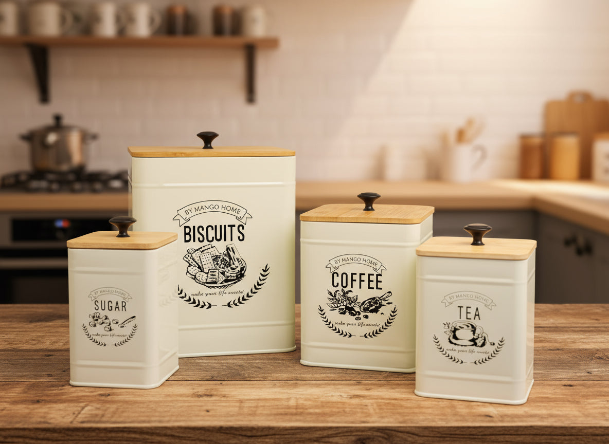 Biscuits Coffee Tea and Sugar Airtight Metal Storage Boxes 4Pcs Set