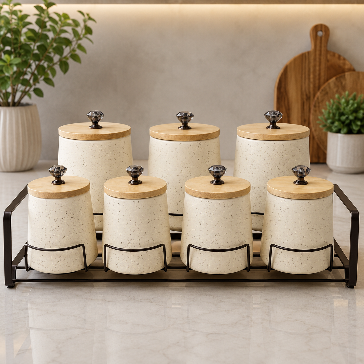 Premium 8-Piece Ceramic Storage Jar Set with Wooden Lids & Metal Rack