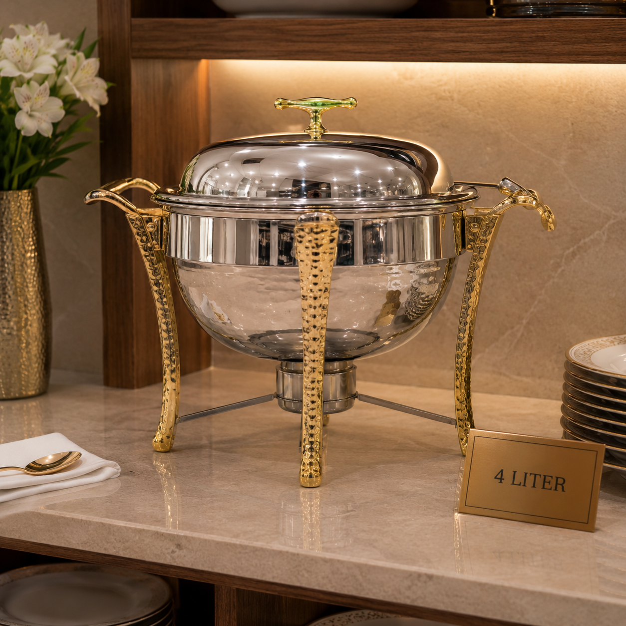 4L Stainless Steel Round Hammered Chafing Dish with Gold Accents