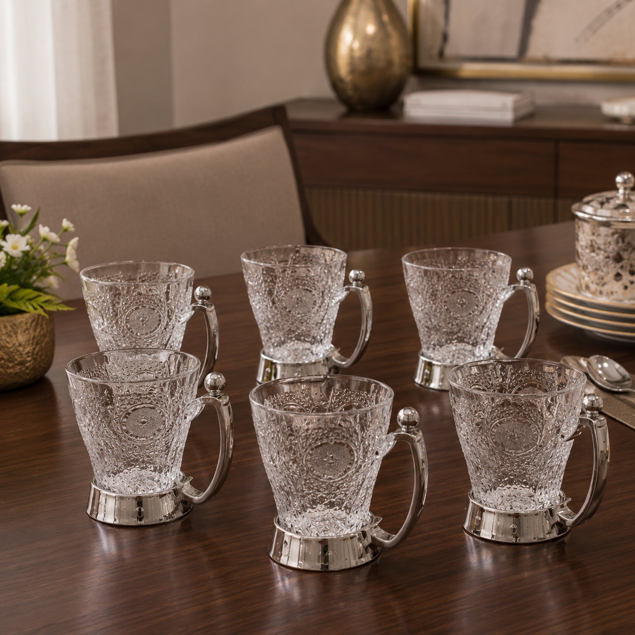 6-Piece Crystal Glass Mug Set with Stainless Steel Holder