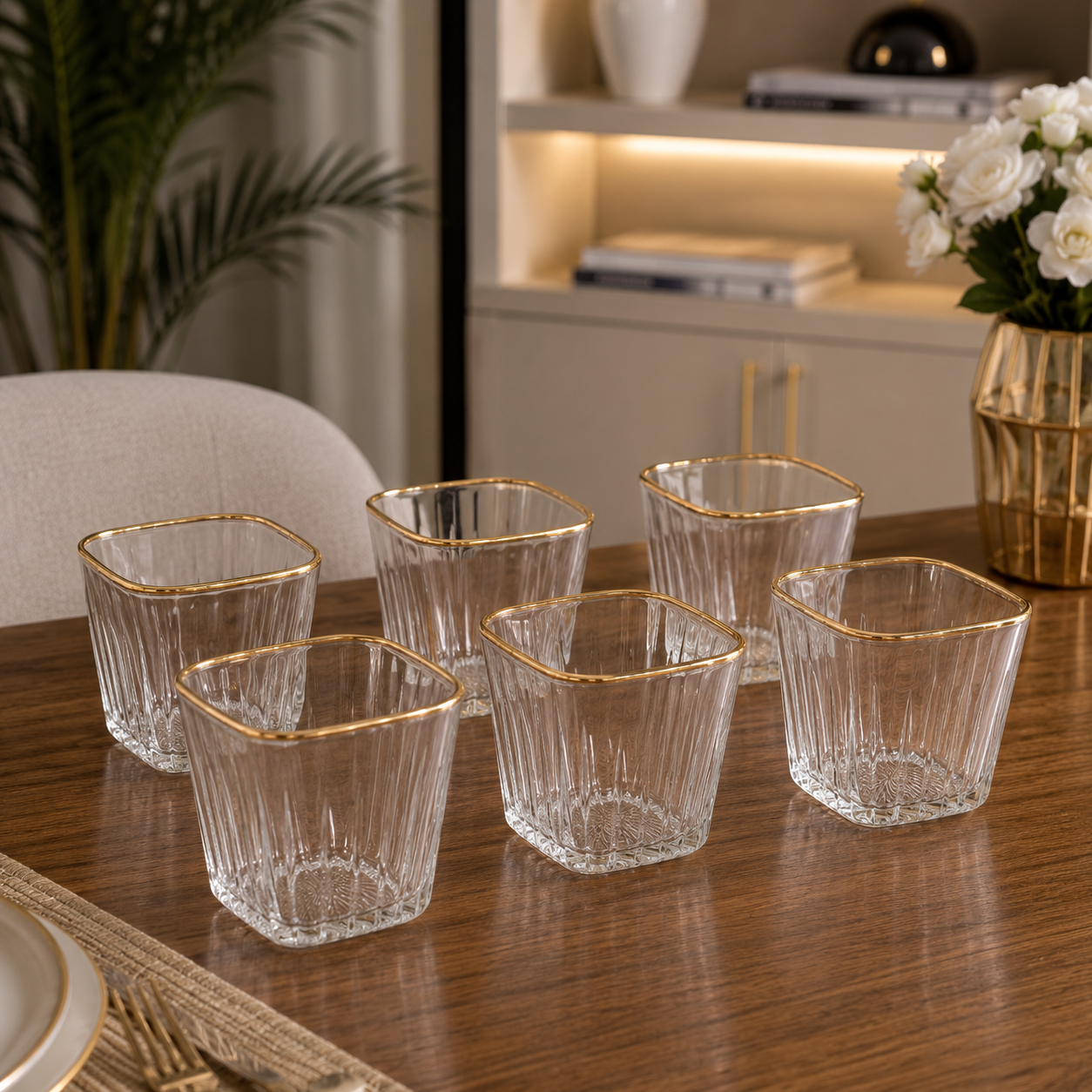 6-Piece Square Crystal Glass Tumbler Set with Gold Rim