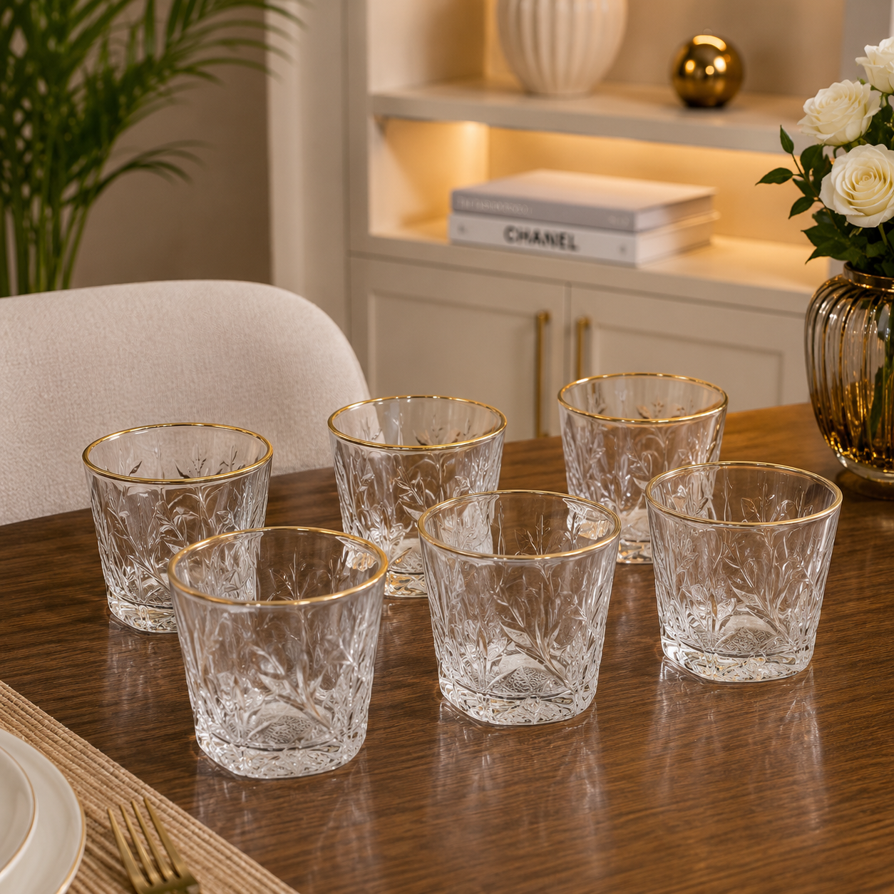6-Piece Floral Crystal Glass Tumbler Set with Gold Rim