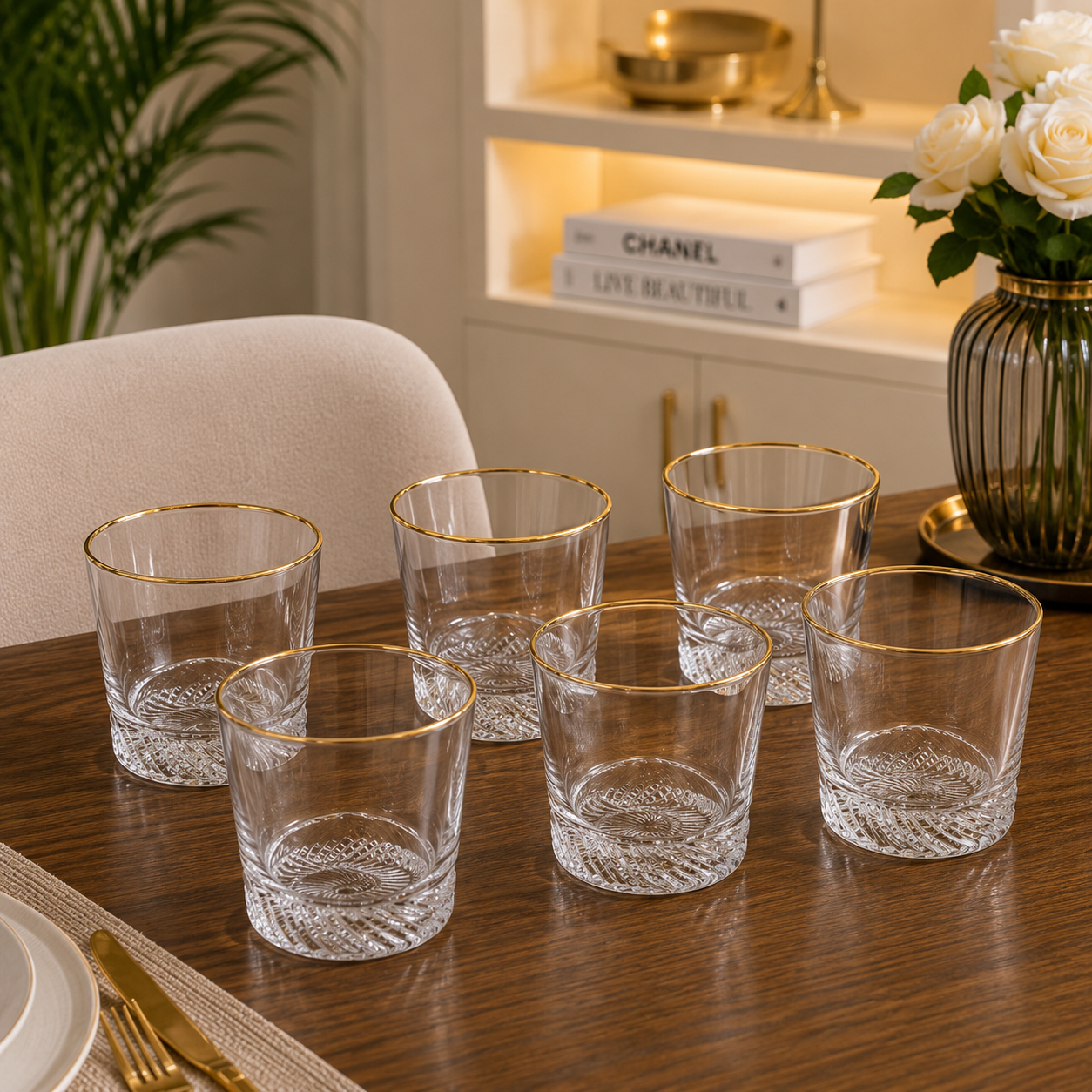 6-Piece Crystal Glass Tumbler Set with Gold Rim