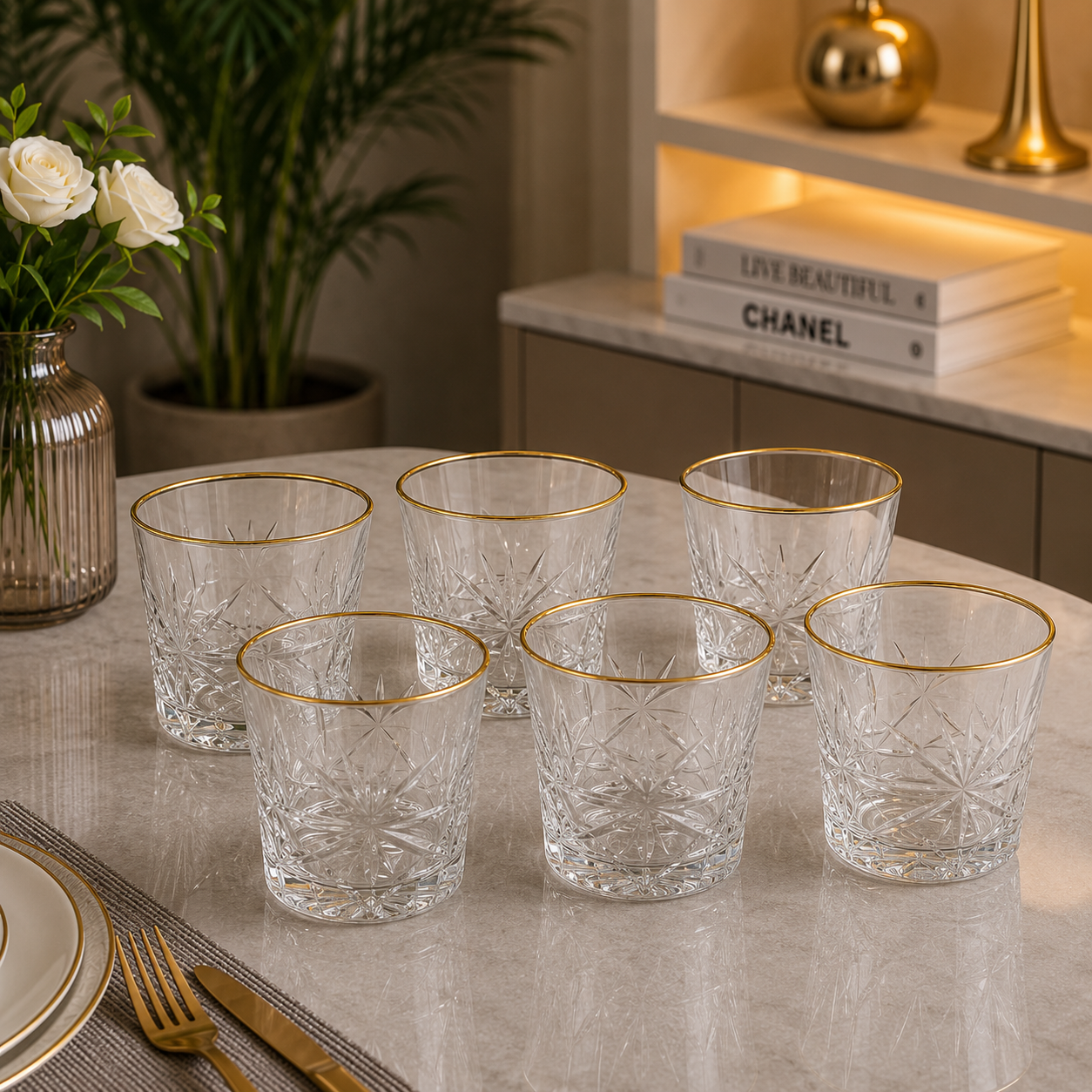 6-Piece Star Cut Crystal Glass Tumbler Set with Gold Rim