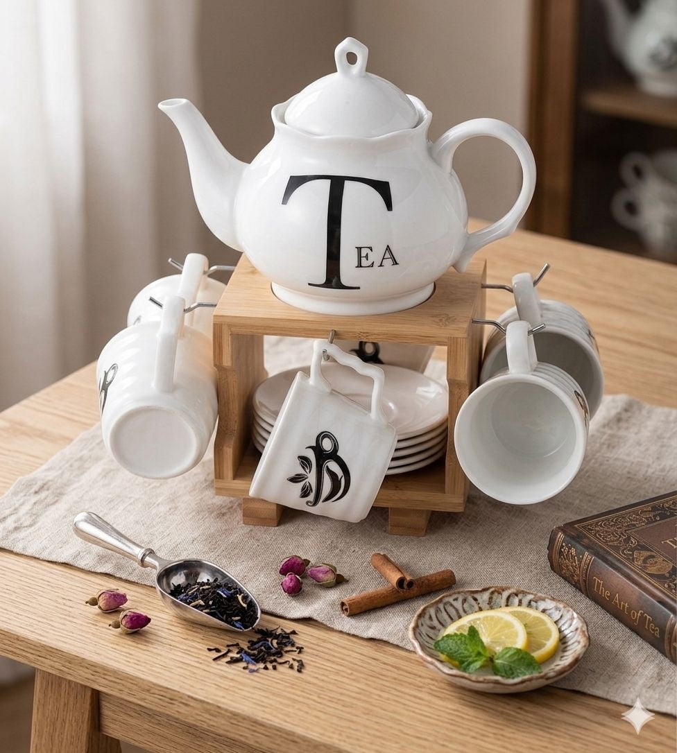 Luxury 13-Piece Porcelain Tea Set with Wooden Organizer Rack - Tea Lovers Gift Set