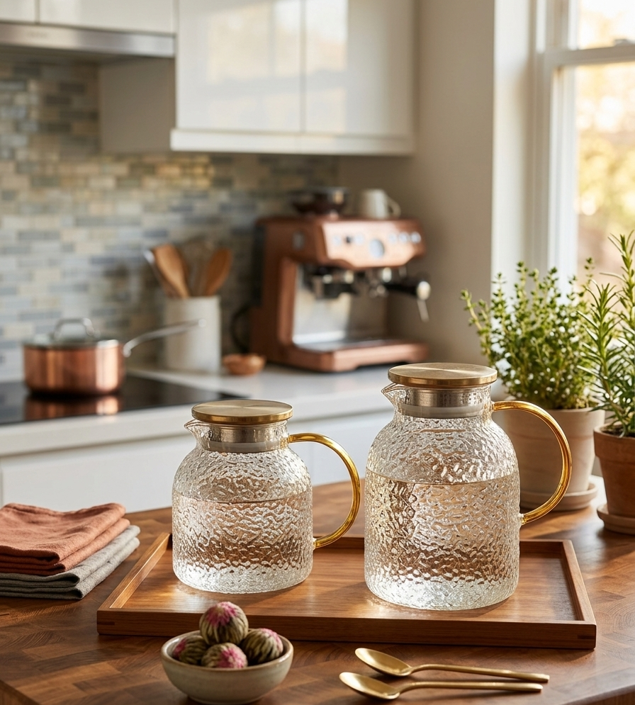 Premium Hammered Glass Kettle with Metallic Lid | Heat-Resistant Borosilicate Tea & Water Pitcher with Gold Handle