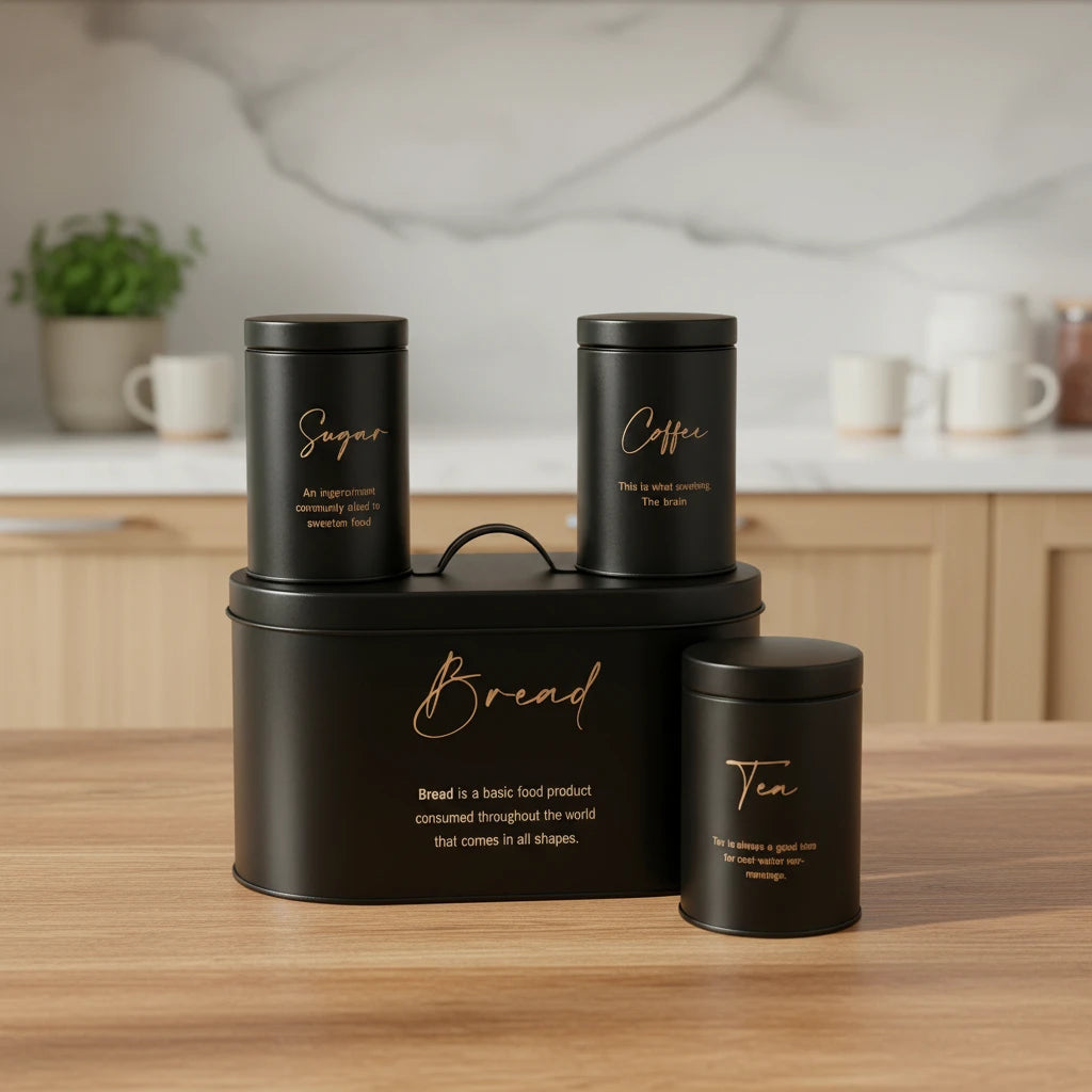 4-Piece Metal Bread Bin And Canister Set | Black