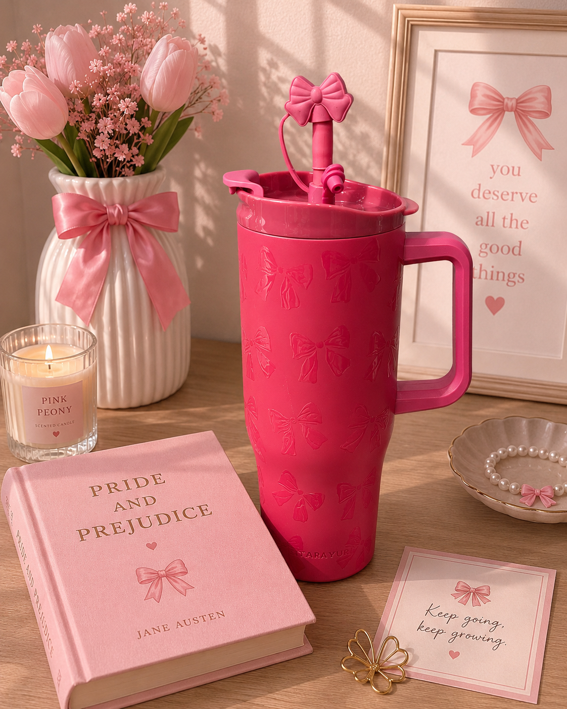 SITARAYURI Pearled Bow 40oz Insulated Tumbler with Handle & Bow Straw Topper