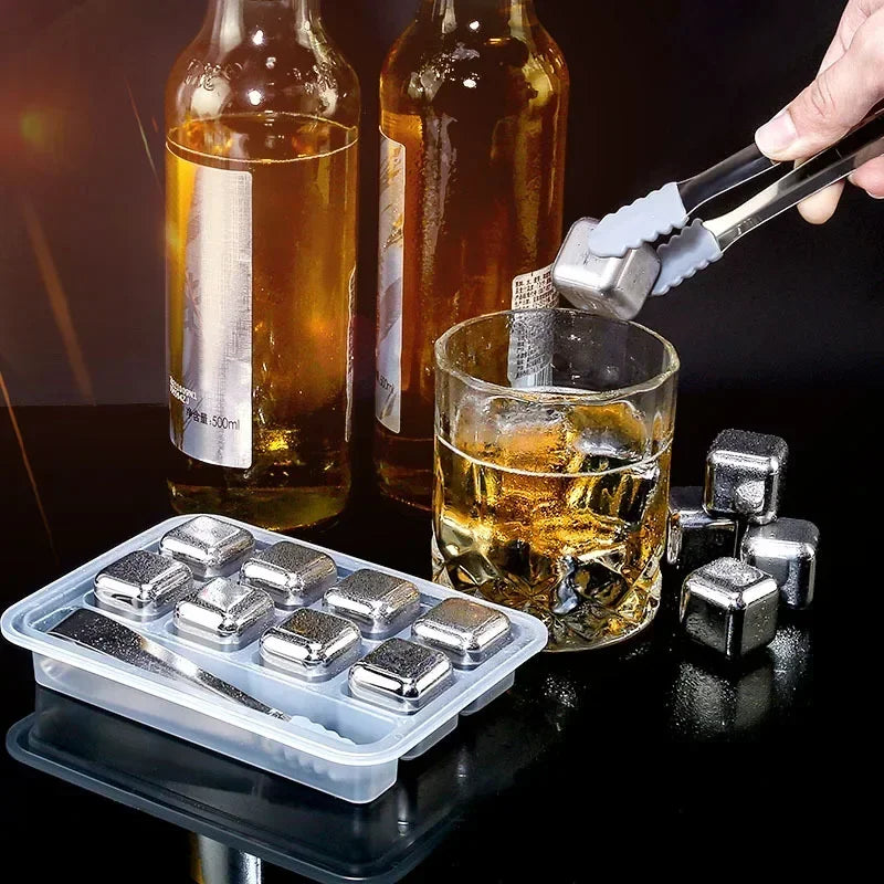 8 PACK, METAL REUSABLE ICE CUBES, STAINLESS STEEL WITH TONG