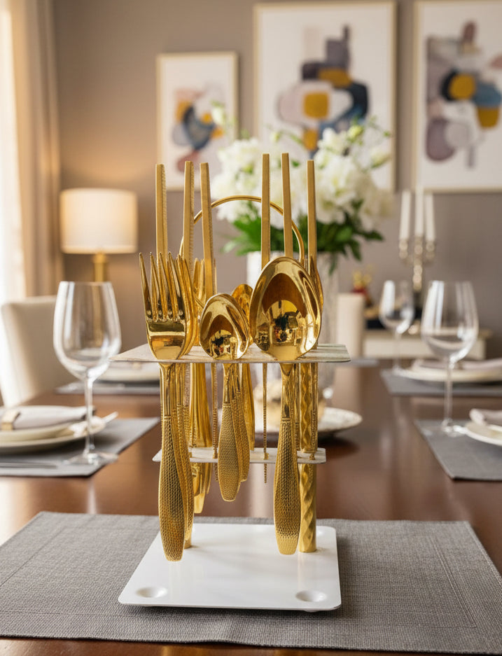 Luxury Golden Design Stainless Steel Cutlery 24Pcs Set With a Display Stand.