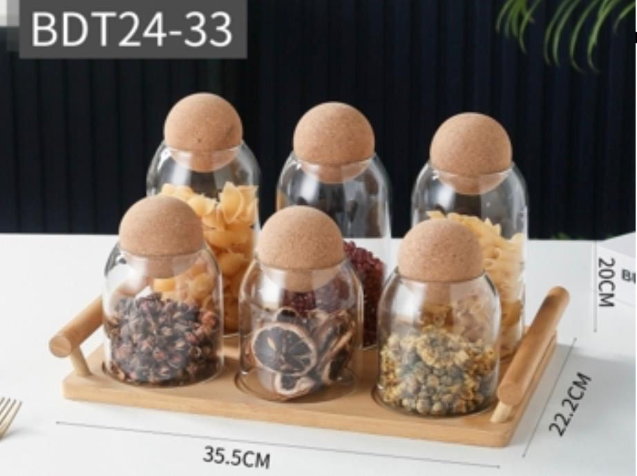 Scandinavian Minimalist Glass Storage Jars with Cork Lids & Bamboo Serving Tray – 6-Piece Set
