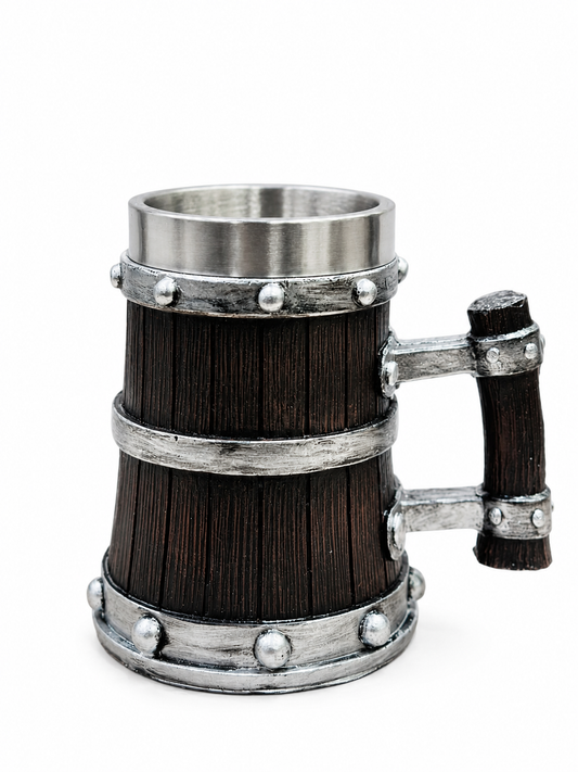 Rustic Viking Beer Mug with Stainless Steel Liner – 500ml Black Wood-Grain Tankard