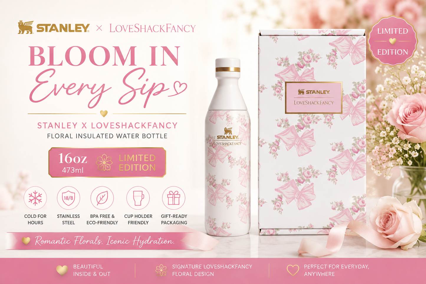 STANLEY X LOVESHACKFANCY ALL DAY SLIM BOTTLE 16OZ