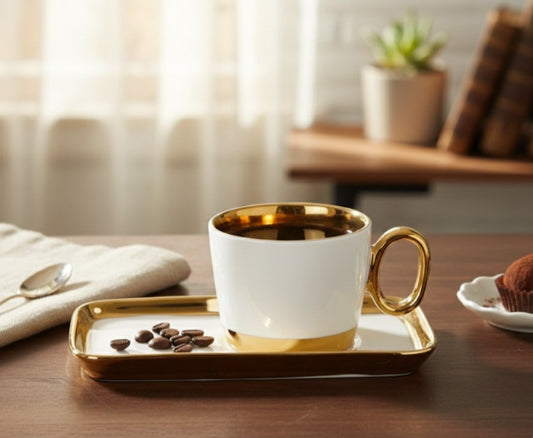6 Pcs Luxury Ceramic Coffee Mug & Saucer Set – Gold Handle Tea Cup Set