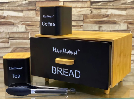 Hausroland New Stylish Color Coated Metal Bread Box Tea Coffee Sugar Bucket Set of 4 with Bamboo Lid