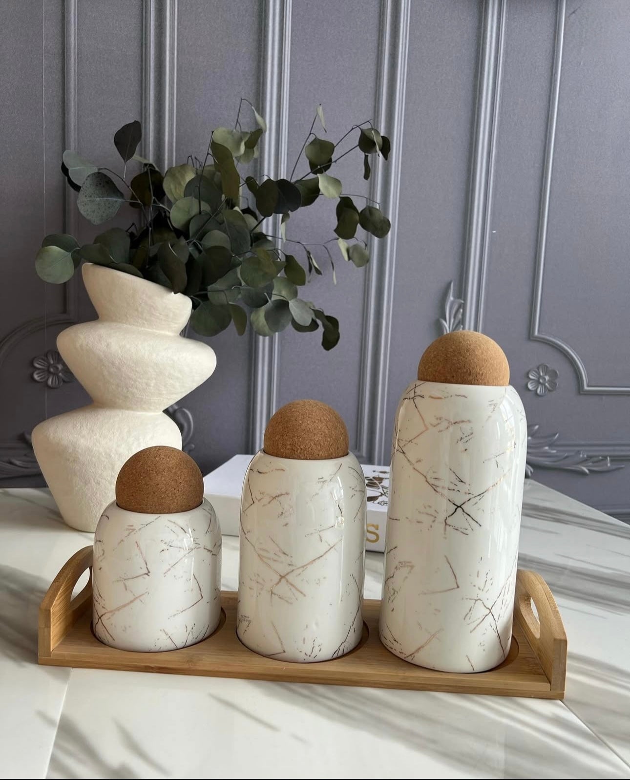 Ceramic 3 Pcs Jar Set With Cork & Bamboo Stand