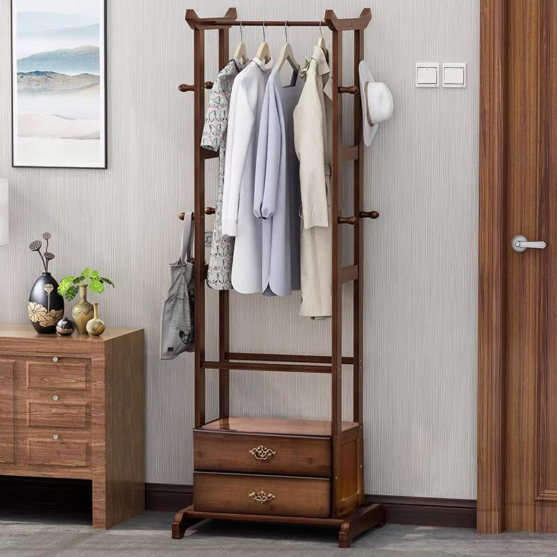 Tall Bamboo Entryway Rack – Modern Clothes Hanging Stand with 2-Drawer Base & Integrated Side Pegs