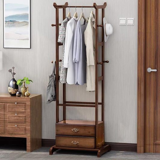 Tall Bamboo Entryway Rack – Modern Clothes Hanging Stand with 2-Drawer Base & Integrated Side Pegs