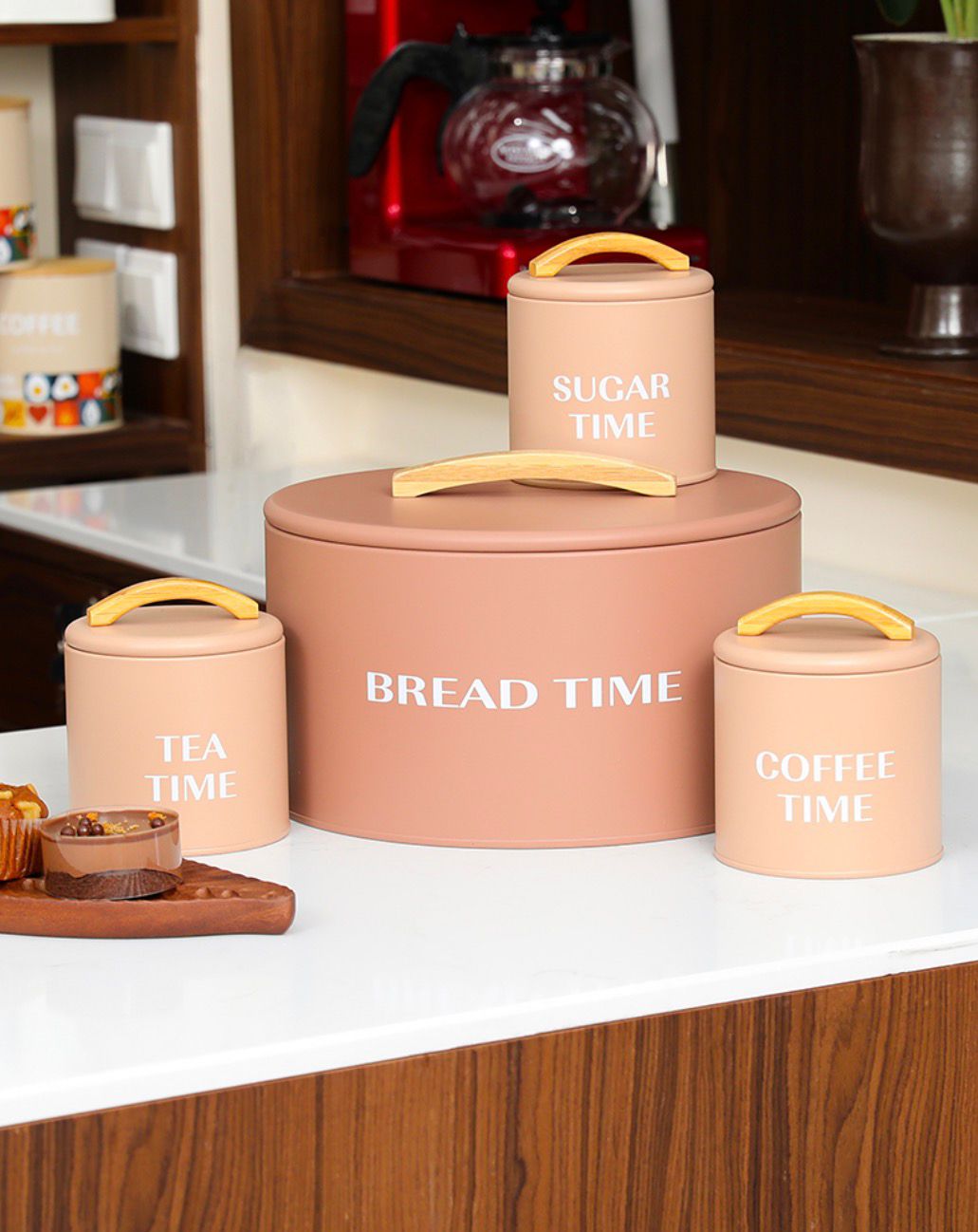 4-Piece Metallic
Bread Box Set - Includes Matching Tea, Coffee & Sugar Canisters