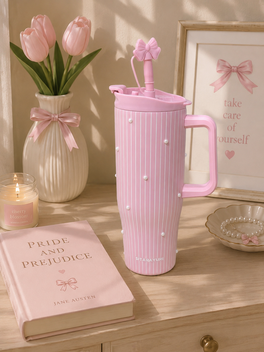 SITARAYURI Pearled Bow 40oz Insulated Tumbler with Handle & Bow Straw Topper