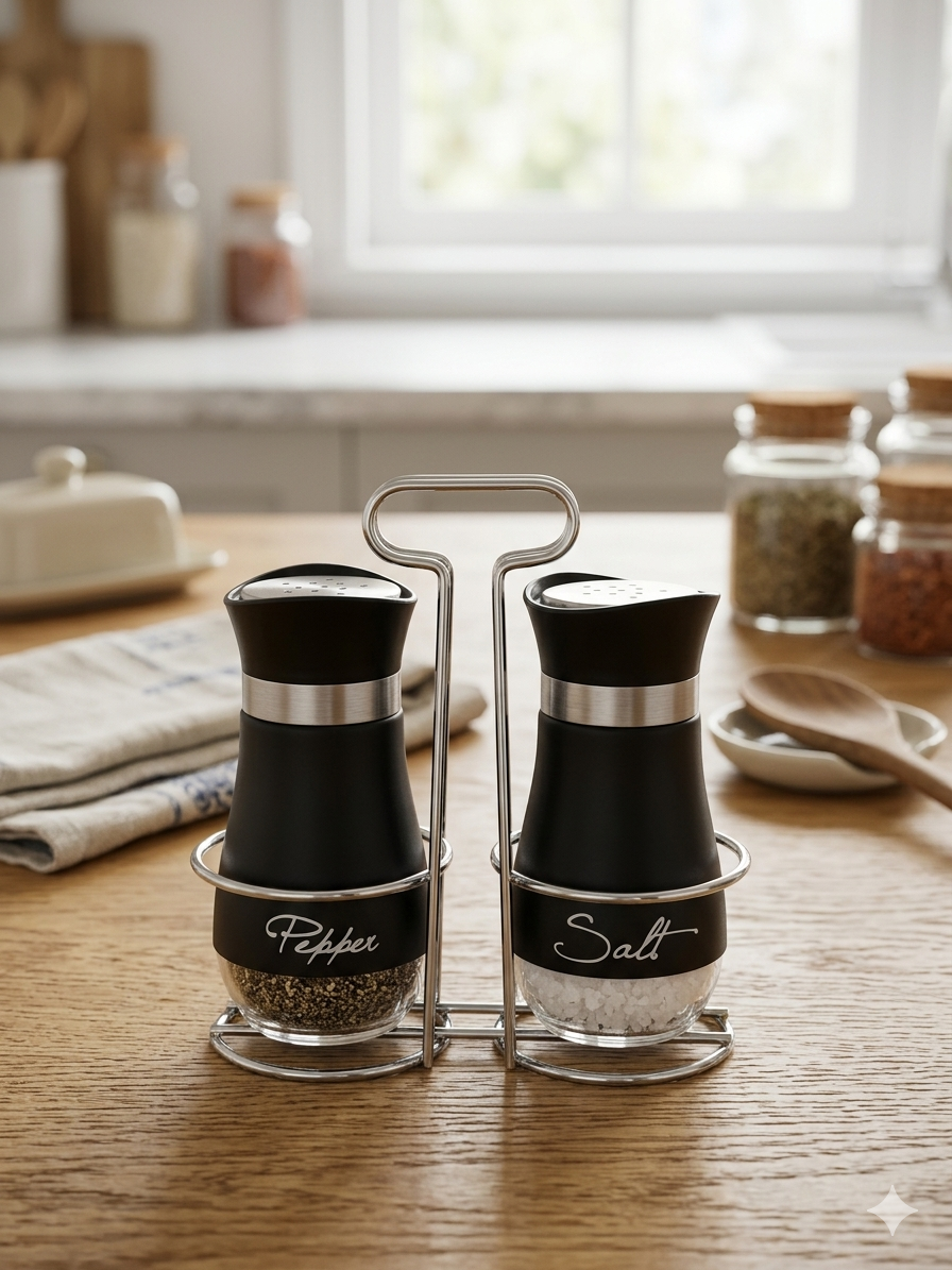 Premium Salt & Pepper Grinder Set with Stand – Stainless Steel & Glass Spice Mills | Modern Kitchen Seasoning Set