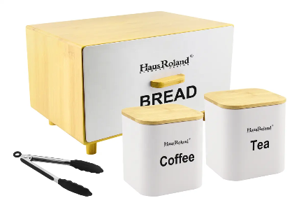 Hausroland New Stylish Color Coated Metal Bread Box Tea Coffee Sugar Bucket Set of 4 with Bamboo Lid