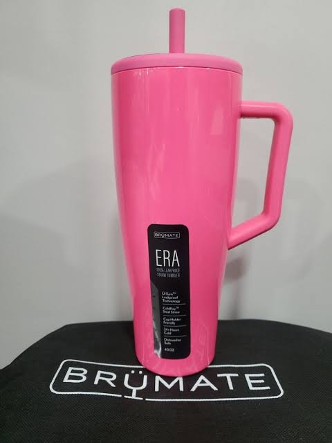 BrüMate Era 40 oz Tumbler with Handle and Straw | 100% Leakproof Insulated Tumbler with Lid and Straw | Made of Stainless Steel | Cup Holder Friendly Base | 40oz (Neon Pink)