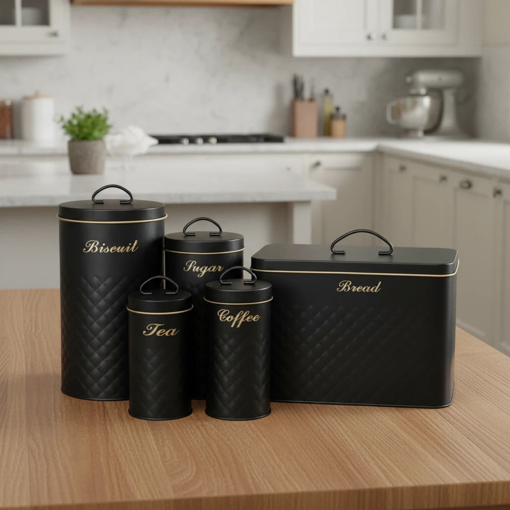 5 Pcs Metal Kitchen Jar Set | Black