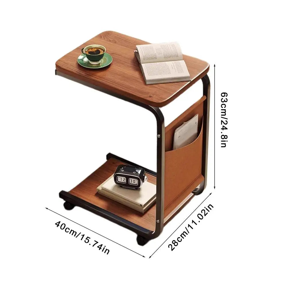 C-Shaped Side Table with Wheels & Magazine Holder | Wooden Sofa & Bedside Laptop Table
