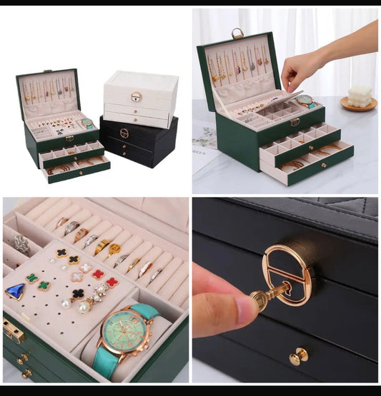 3 Layer Jewelry Box, Jewelry Holder Organizer with 2 Drawer Tray, Large boxes for Women Velvet Earring Organizer, Lockable & Organizers