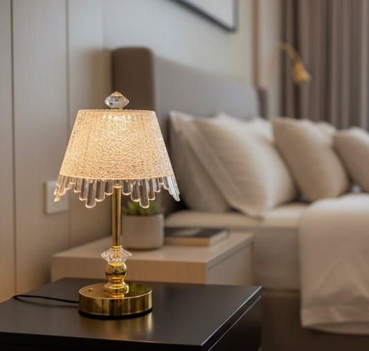 Crystal Tassel Cordless LED Table Lamp - Gold Base with Textured Glass Shade