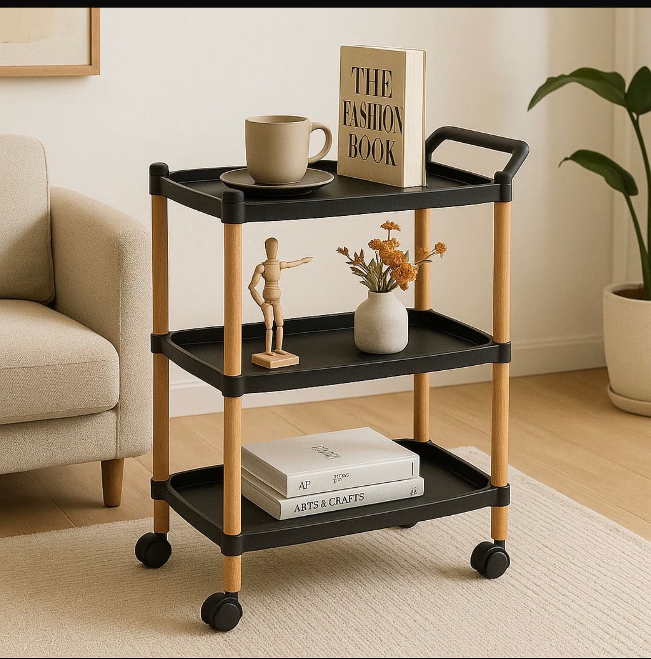 3-Tier Rolling Organizer Cart - Black