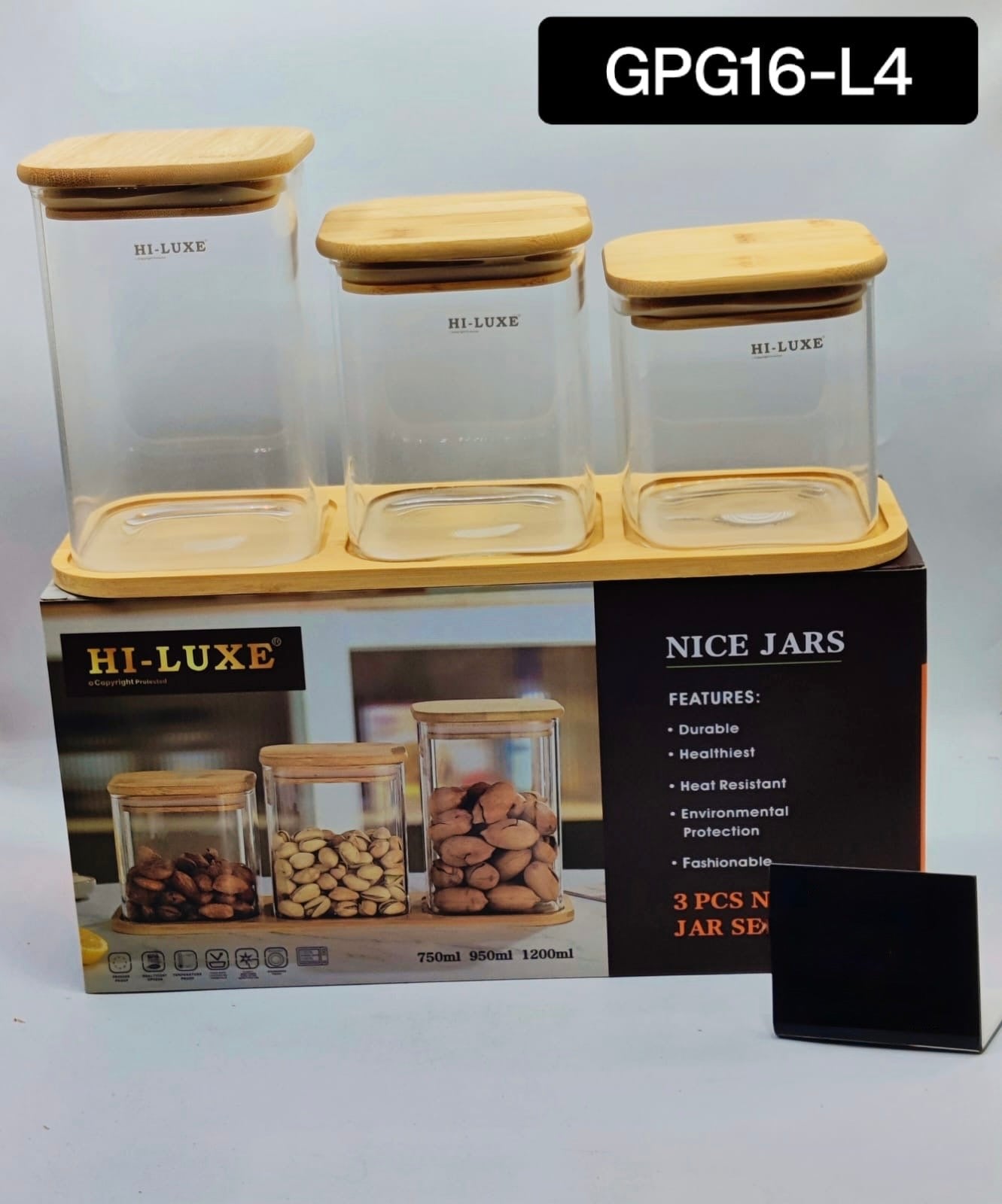 3Pcs Airtight Spice Jars Set With Bamboo Tray