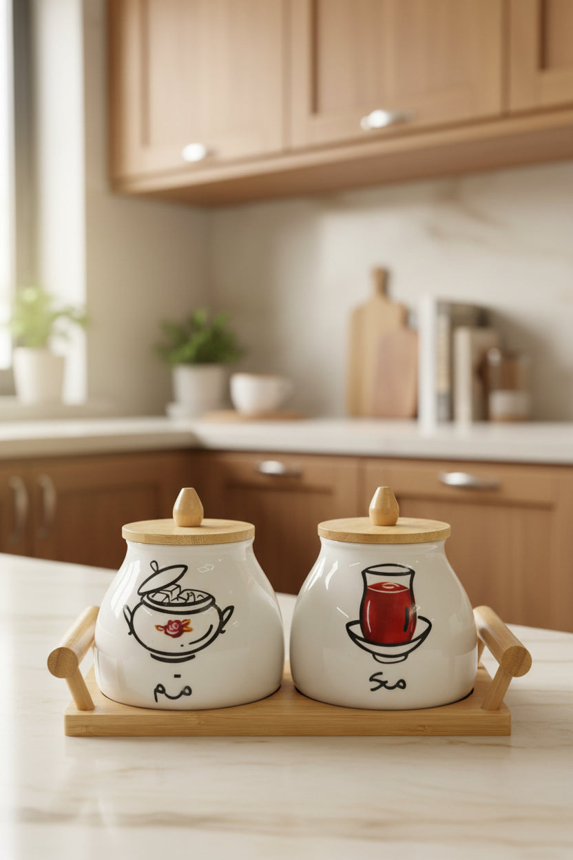 Ceramic Tea and Sugar Canister Set with Airtight Bamboo Lids & Wooden Serving Tray – 2-Piece Kitchen Storage Set