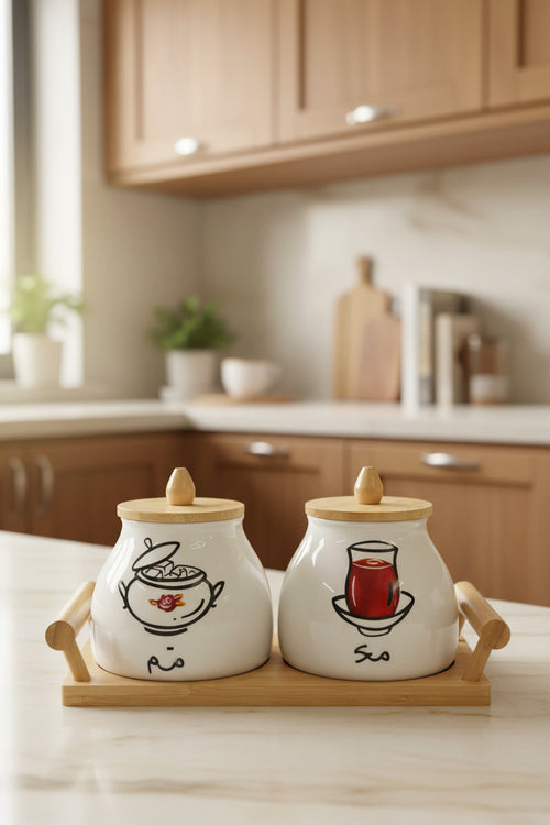 Ceramic Tea and Sugar Canister Set with Airtight Bamboo Lids & Wooden Serving Tray – 2-Piece Kitchen Storage Set