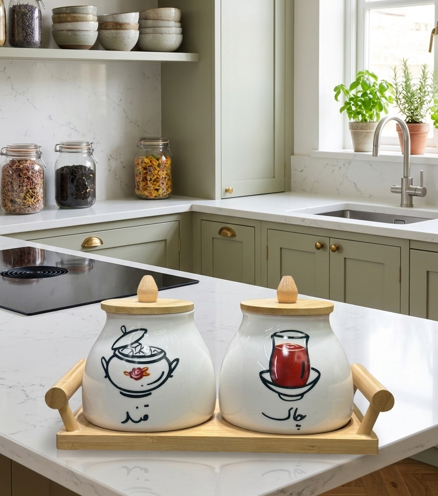 Ceramic Tea and Sugar Canister Set with Airtight Bamboo Lids & Wooden Serving Tray – 2-Piece Kitchen Storage Set
