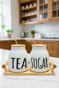 Ceramic Tea and Sugar Canister Set with Bamboo Lids and Tray – 2-Piece Minimalist Kitchen Storage Jars
