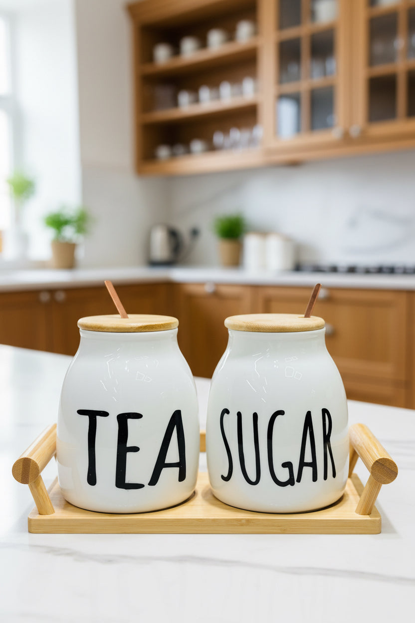 Ceramic Tea and Sugar Canister Set with Bamboo Lids and Tray – 2-Piece Minimalist Kitchen Storage Jars