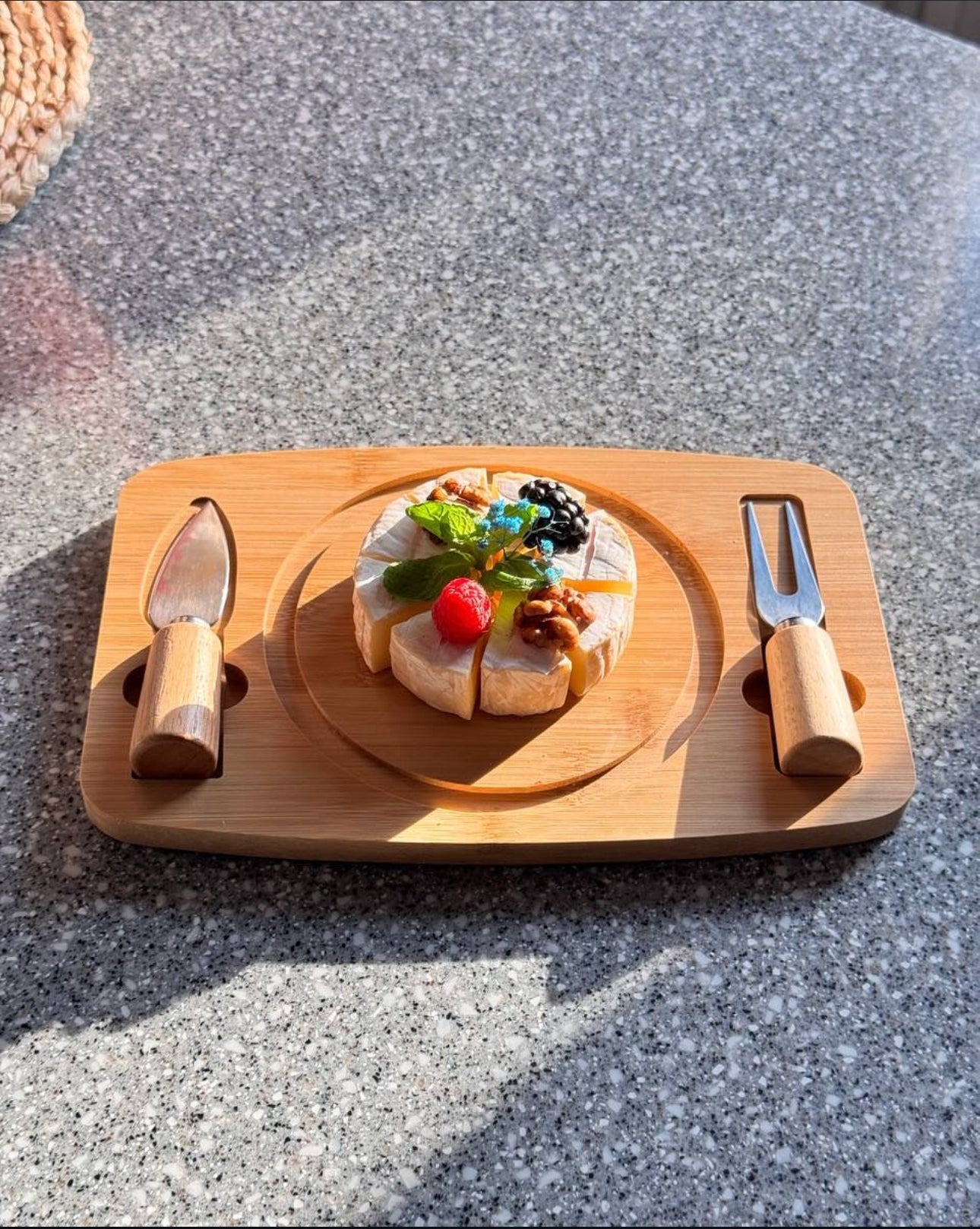 Butter Dish with Glass Lid, Bamboo Base, Round Clear Butter Dish with Handle, OKYUK Butter Keeper Saver with Cover for Table, Kitchen Countertop, Refrigerator, Dishwasher Safe (Wood, Double Knife)