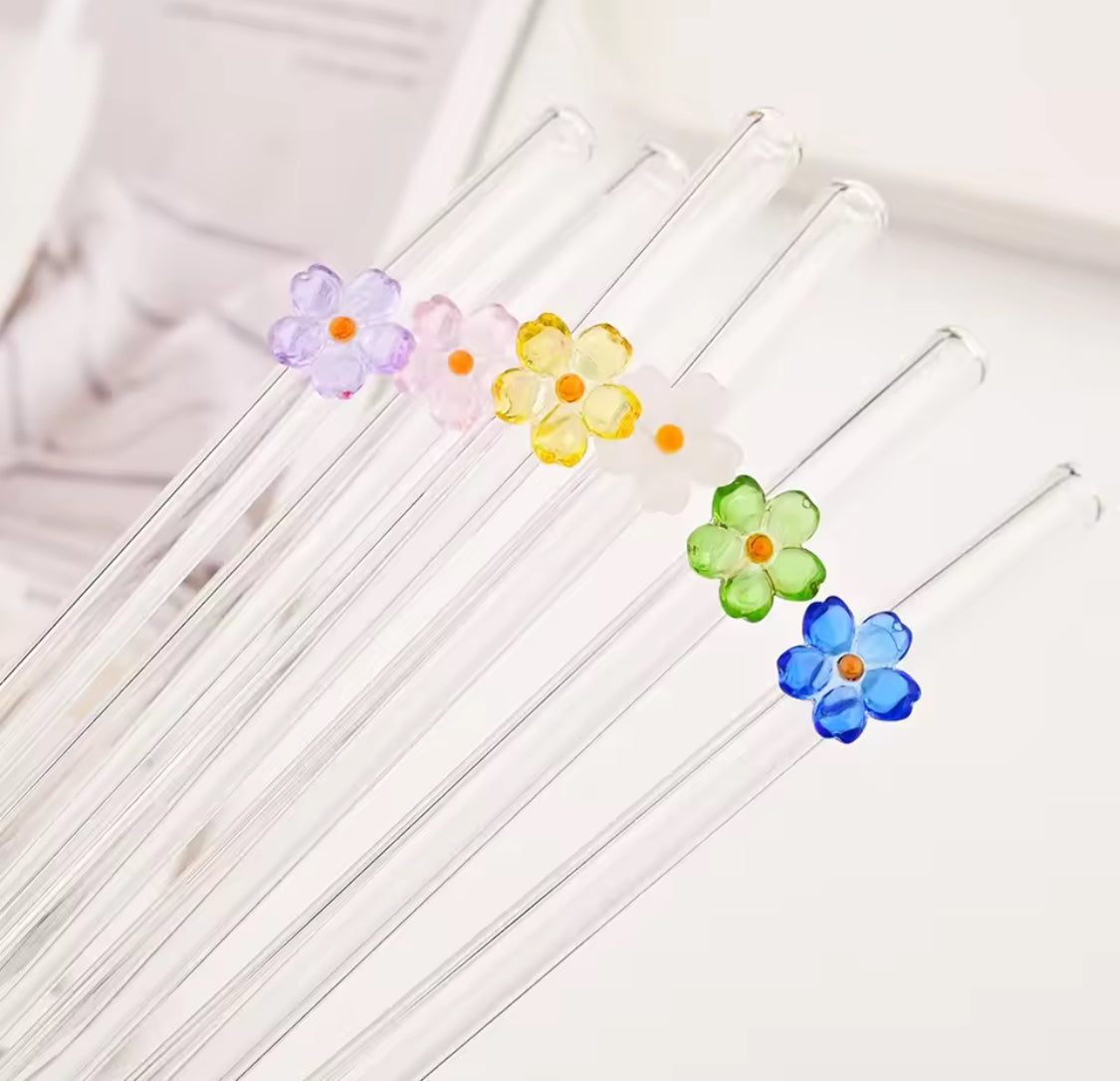 4-Piece Flower Design Reusable Glass Drinking Straws – Colorful Floral Set 🌸✨