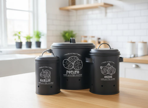 3 Pcs Retro Metal Potato Garlic Onion Storage Containers with 360° Ventilation System