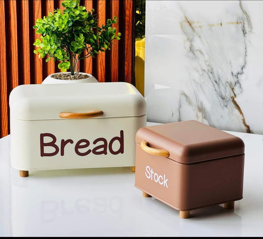 2PCS Nordic Style Bread Box Set – Metal Kitchen Counter Storage Bins with Wooden Handles