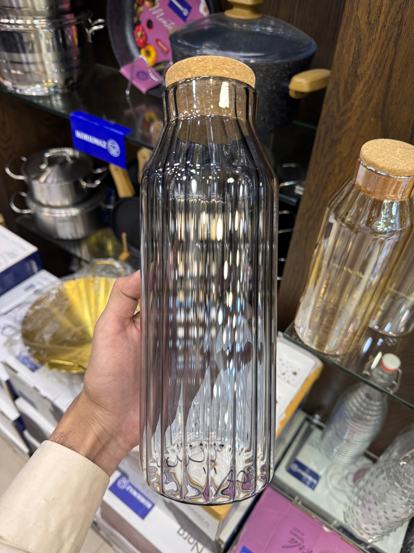 Ribbed Glass Cork Water Bottle - 1000ml