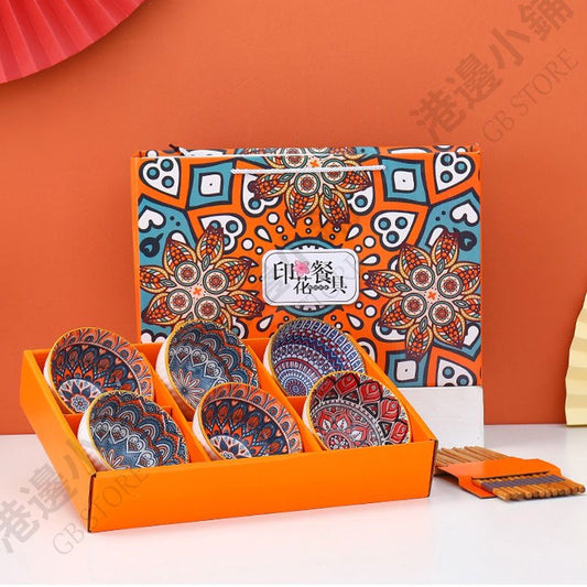 Bohemian Style Bowl Gift Set, Assorted Dinnerware Serving Bowls for Cereal, Soup, Dessert, Snack, Fruit, Salad with Chopsticks (Pack of 6) Gift Packing