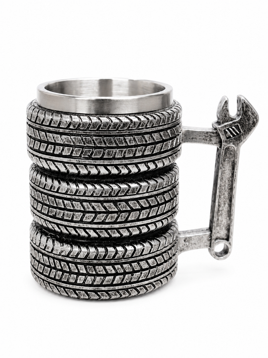 Tire Coffee Mug with Wrench Handle – 400ml Stainless Steel Lined Novelty Mug