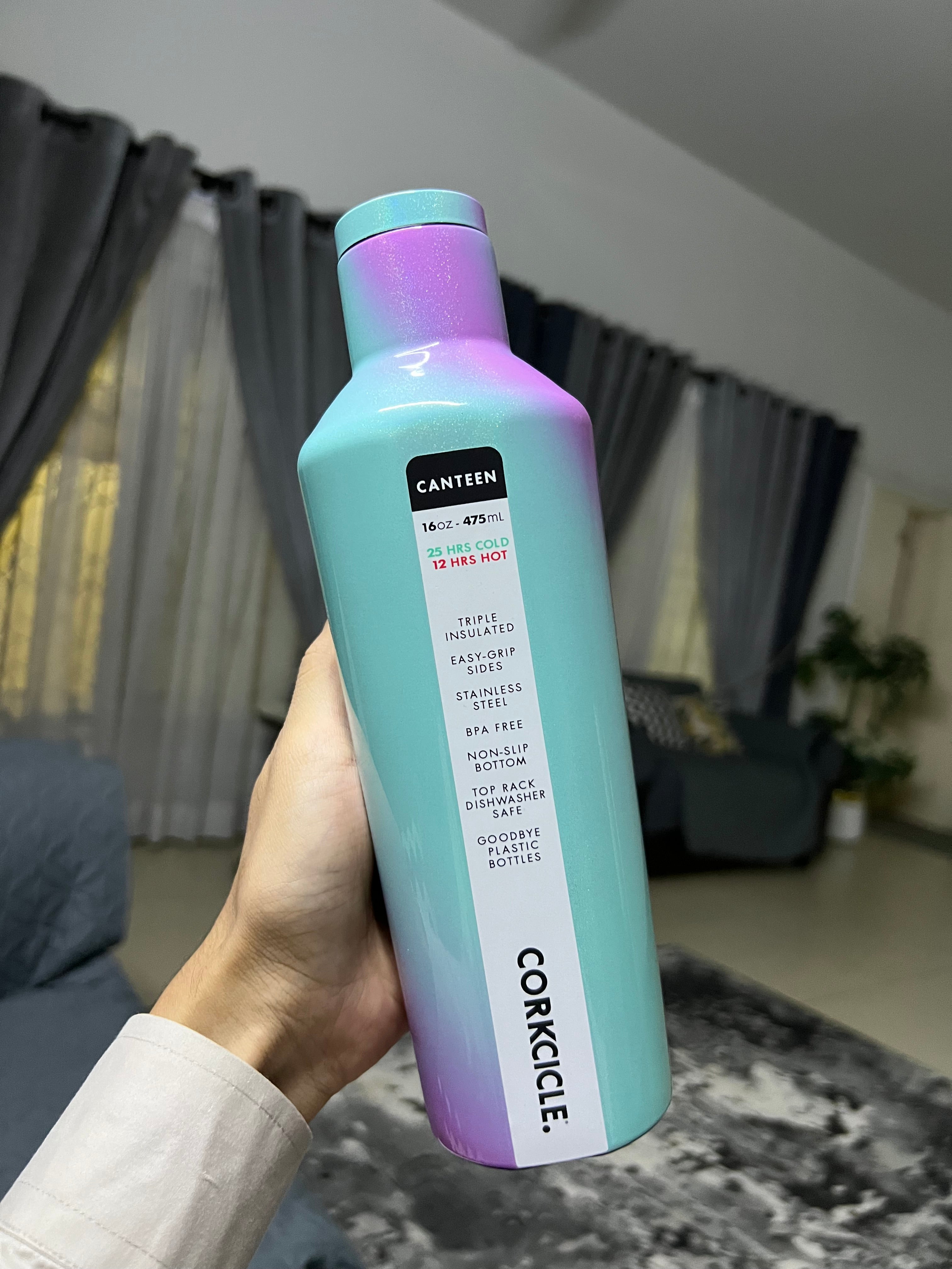 Corkcicle Canteen 16oz - Triple Insulated Stainless Steel Water Bottle | Iridescent Cotton Candy