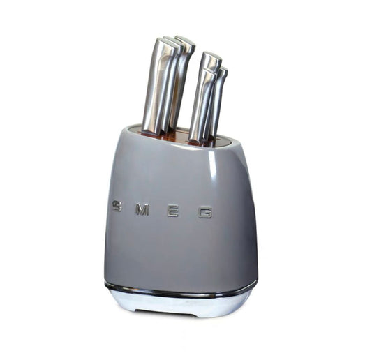 SMEG Block Knife Set Stainless Steel – 7-Piece Kitchen Knife Set - Grey